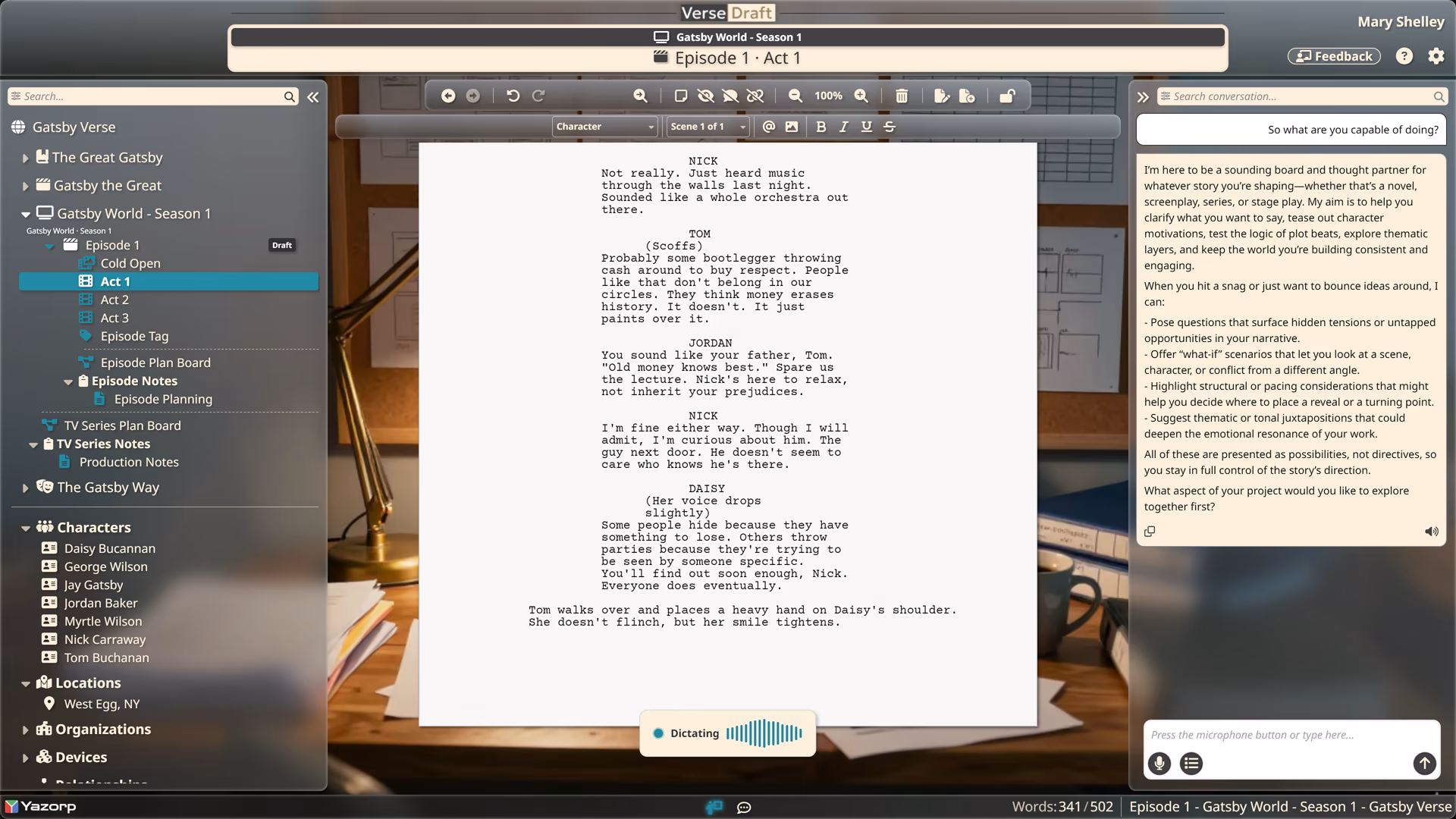 The Verse Draft editor with voice dictation formatting spoken words into screenplay dialogue and action.