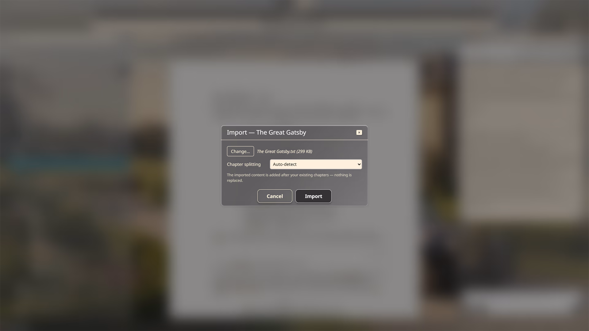 The Verse Draft import dialog with a chosen manuscript file and a chapter-splitting option.