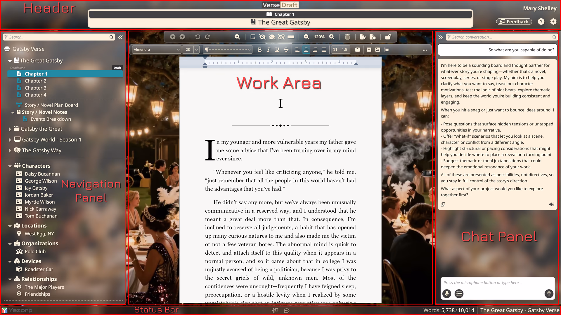 Overview of the Verse Draft workspace regions.