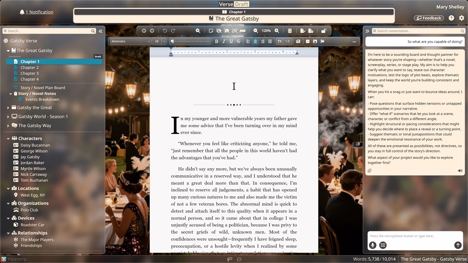 The Verse Draft workspace: a navigation panel of projects and characters on the left, a manuscript page in the center, and an assistant panel on the right.