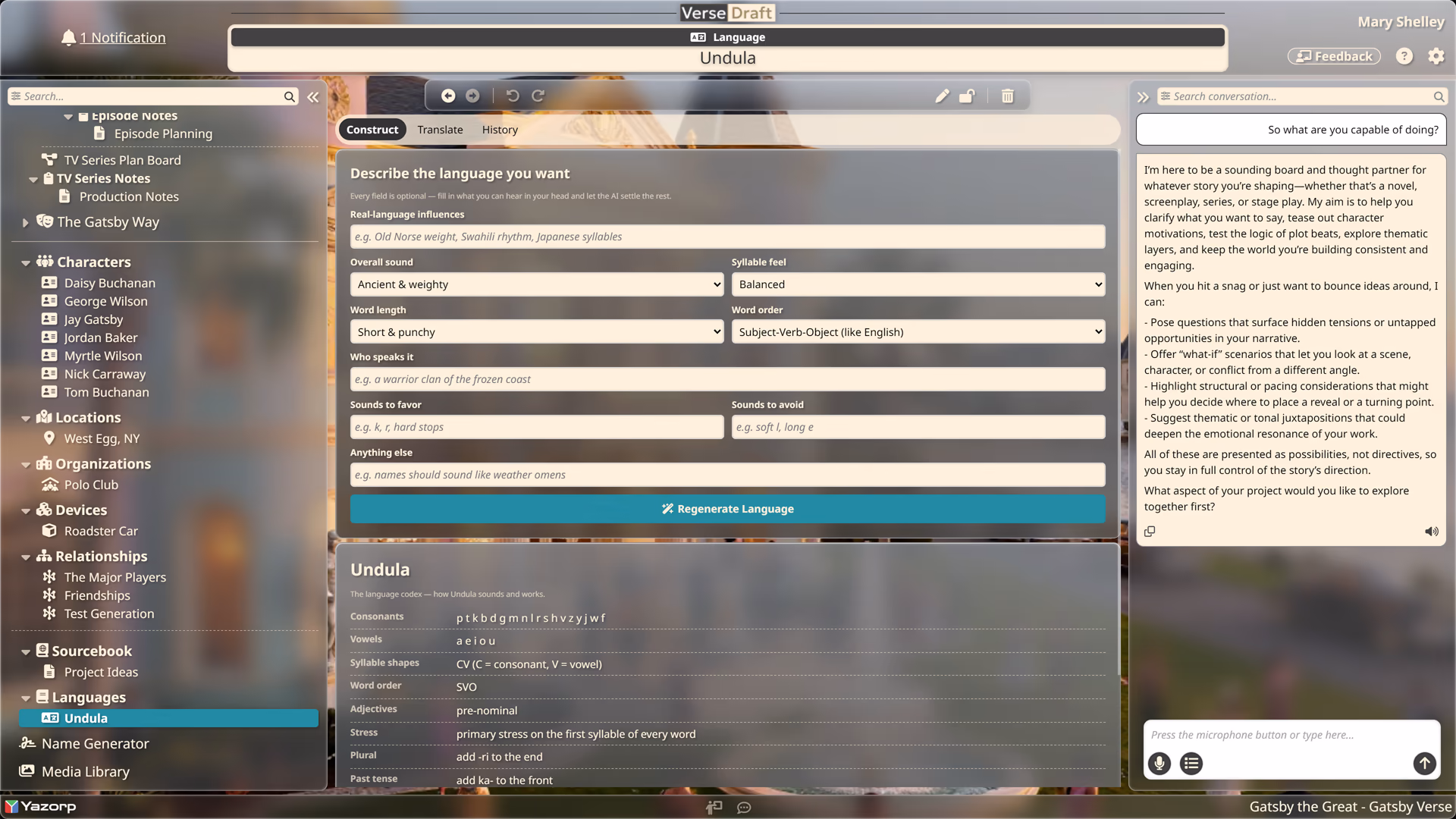 The Verse Draft languages tool showing the Construct tab with a constructed-language codex of sounds, grammar, and a starter dictionary.