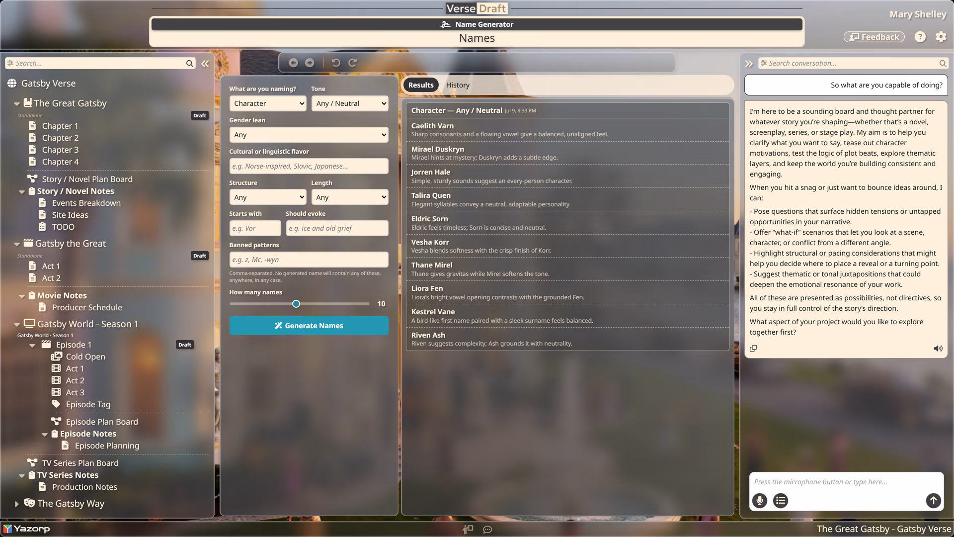 The Verse Draft name generator with a naming brief on the left and a list of generated name candidates on the right.