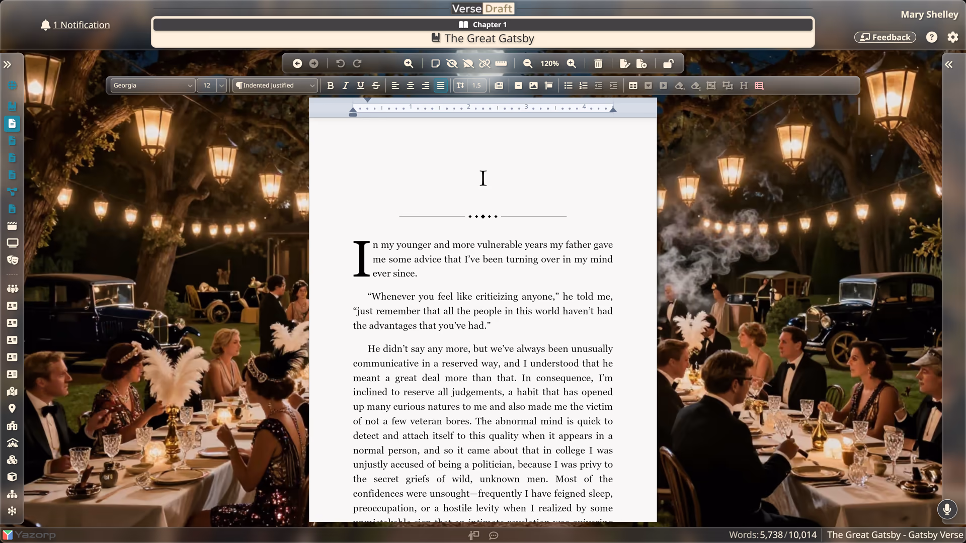 The Verse Draft page editor showing a formatted manuscript page.