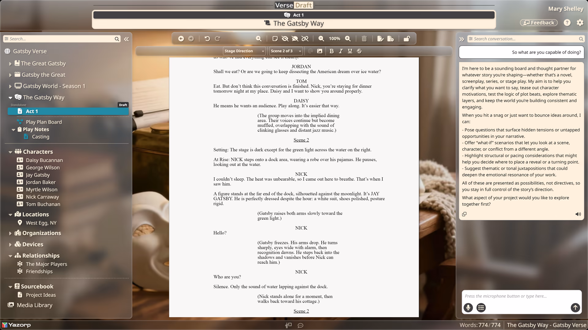 A stage play open in the Verse Draft editor showing playscript layout with a centered scene heading and character and dialogue lines.
