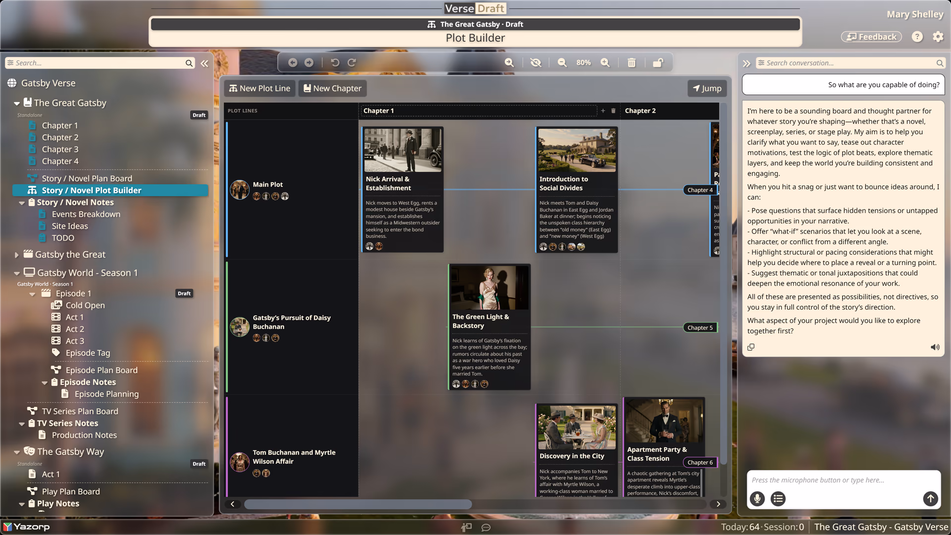 A Verse Draft plot builder with color-coded plot lines and story beat cards threaded across chapters.