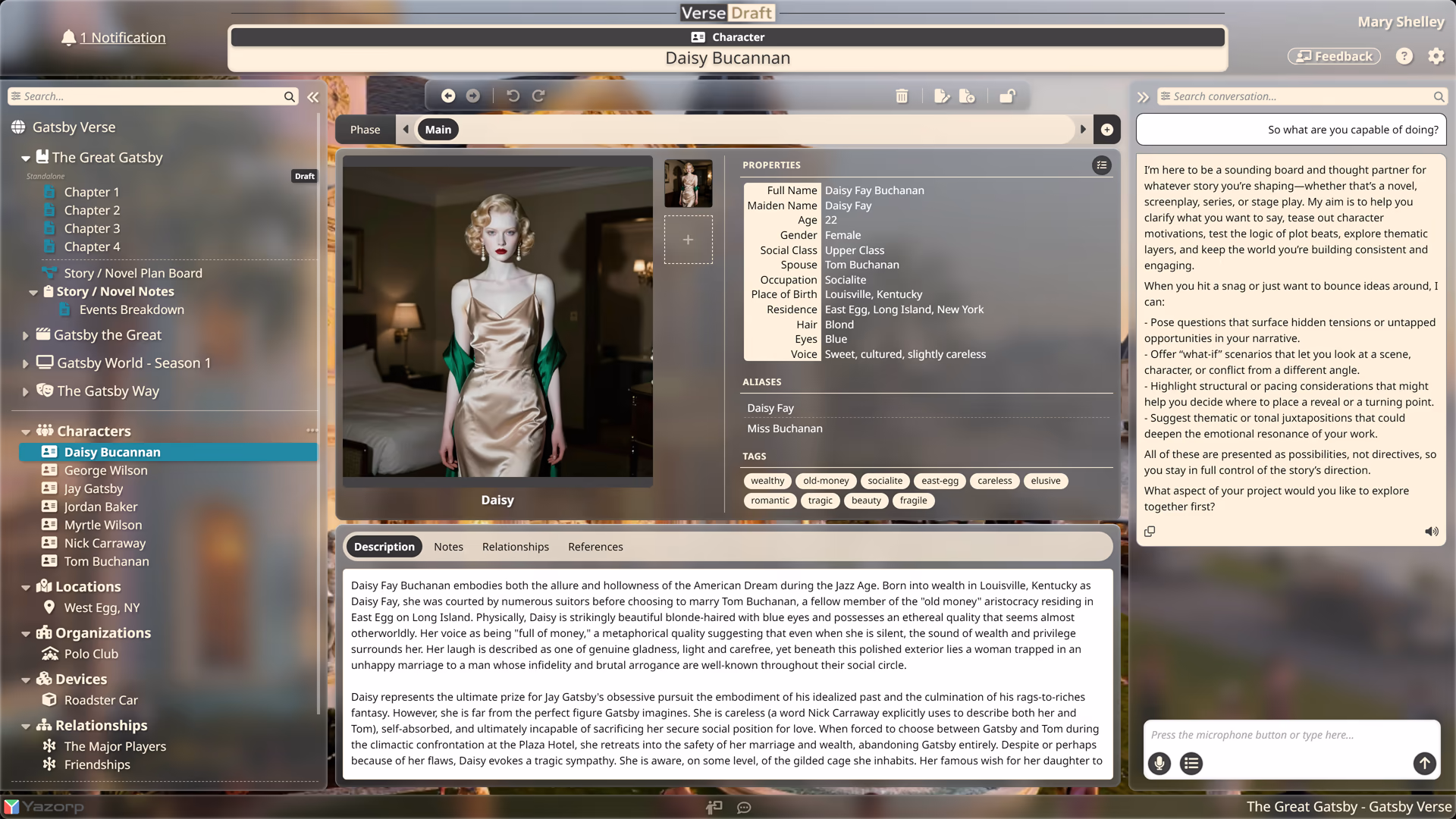 A Verse Draft character page with portrait images, aliases, and detail fields.