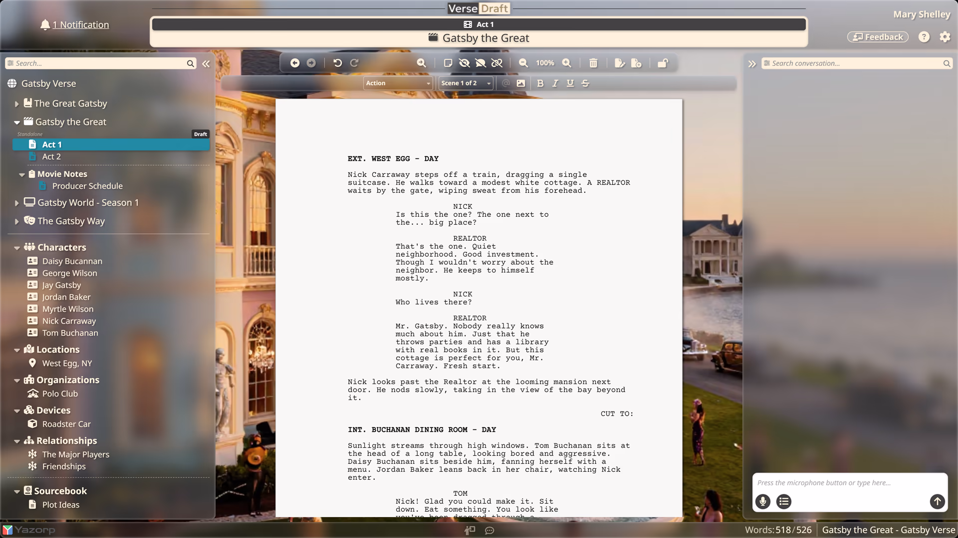 The screenplay editor showing standard script formatting.
