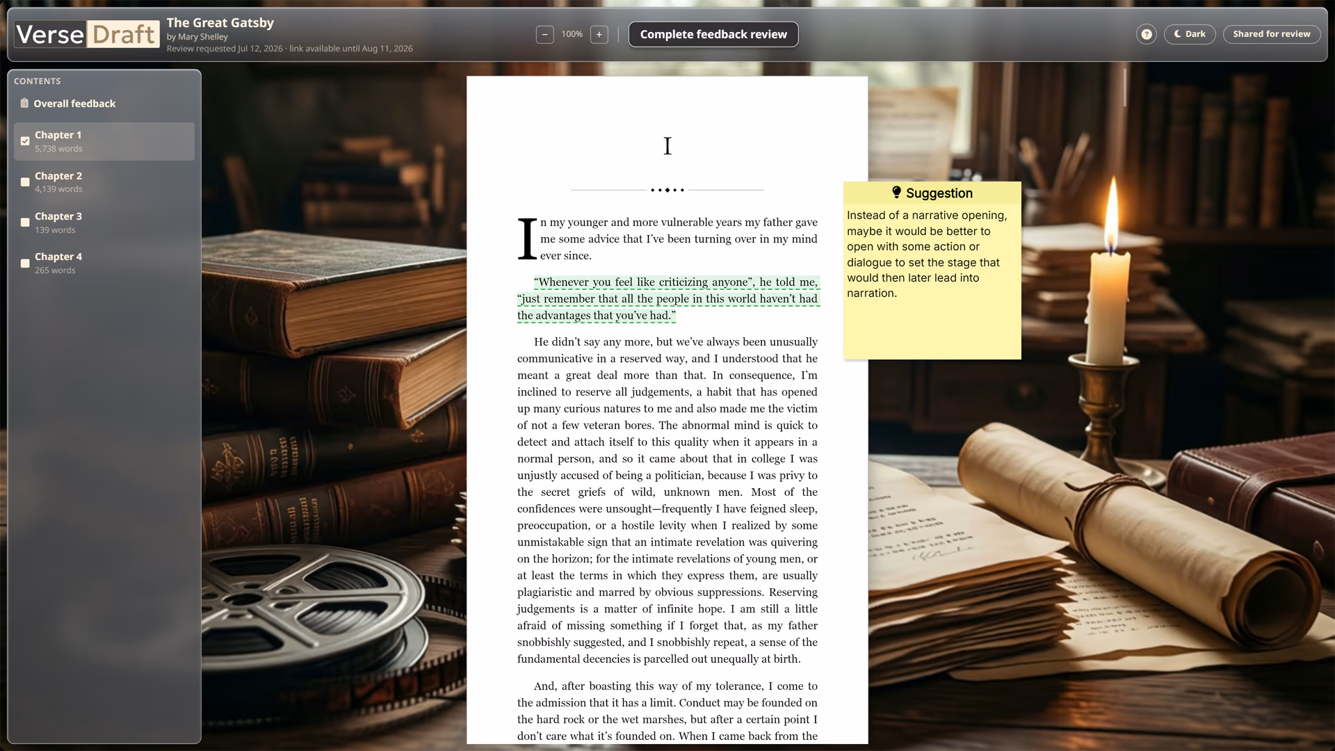 The account-less reviewer's read-only reading view with a Contents list, a highlighted inline comment, and a sticky note in the margin.